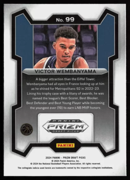 2024 2024 Panini Prizm Draft Picks Victor Wembanyama Basketball card — Back thumbnail