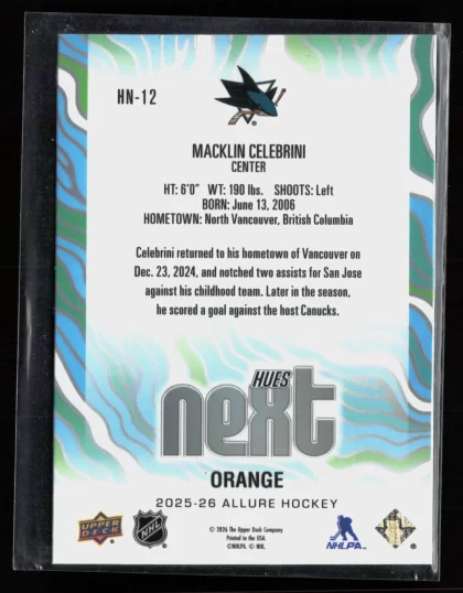 2025 2025-26 Upper Deck Allure Macklin Celebrini Hockey card — Back thumbnail