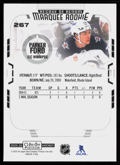 2025 2025-26 O-Pee-Chee Platinum Parker Ford Hockey card — Back thumbnail
