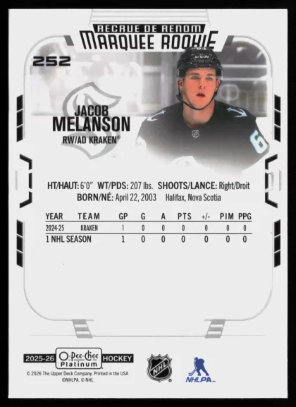 2025 2025-26 O-Pee-Chee Platinum Jacob Melanson Hockey card — Back thumbnail