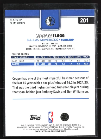 2025 2025-26 Topps Cooper Flagg Basketball card — Back thumbnail