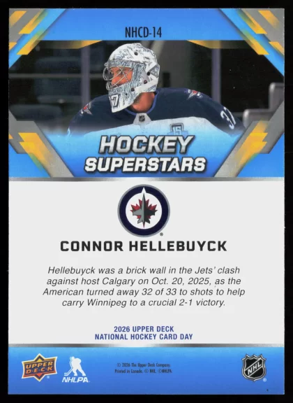 2026 2026 Upper Deck National Hockey Card Day Connor Hellebuyck Hockey card — Back thumbnail