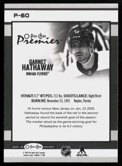 2025 2025-26 O-Pee-Chee Garnet Hathaway Hockey card — Back thumbnail