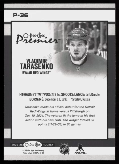 2025 2025-26 O-Pee-Chee Vladimir Tarasenko Hockey card — Back thumbnail