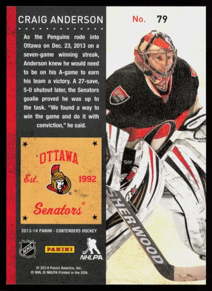 2013 2013-14 Panini Contenders Craig Anderson Hockey card — Back thumbnail