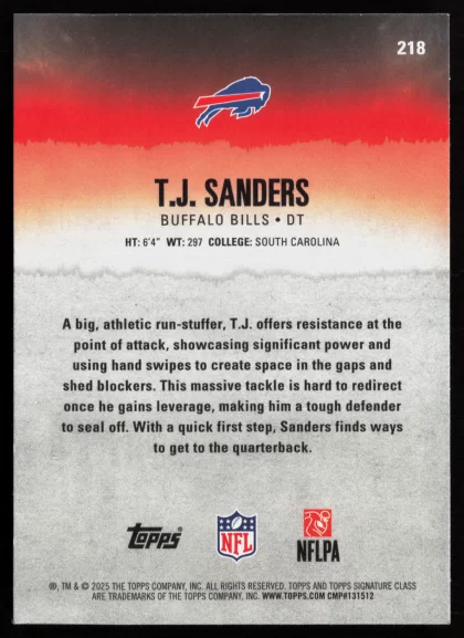 2025 2025 Topps Signature Class T.J. Sanders Football card — Back thumbnail
