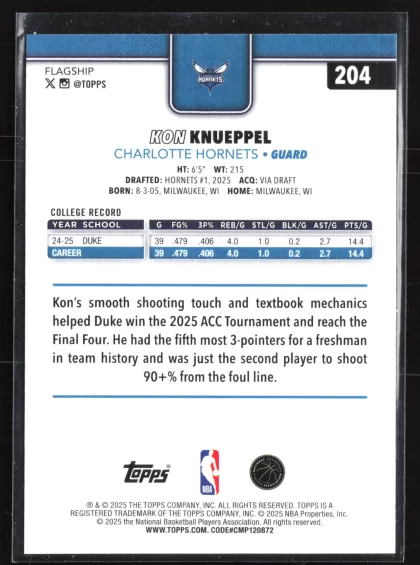 2025 2025-26 Topps Kon Knueppel Basketball card — Back thumbnail