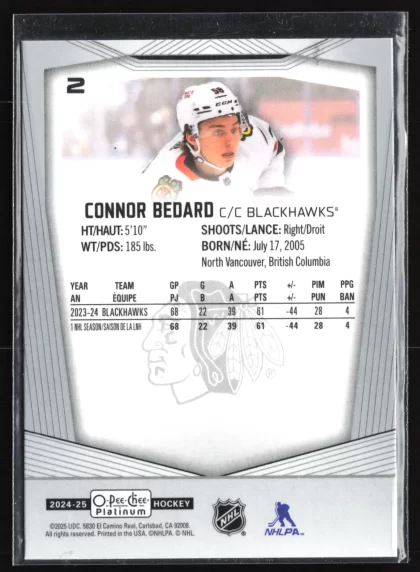 2024 2024-25 O-Pee-Chee Platinum Connor Bedard Hockey card — Back thumbnail