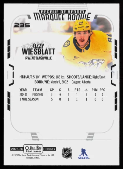 2025 2025-26 O-Pee-Chee Platinum Ozzy Wiesblatt Hockey card — Back thumbnail