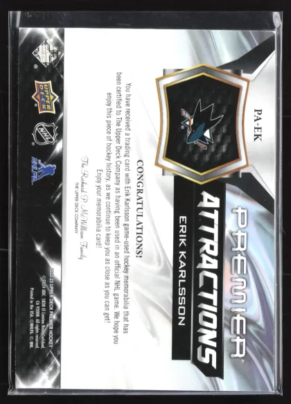2022 2022-23 Upper Deck Premier Erik Karlsson Hockey card — Back thumbnail