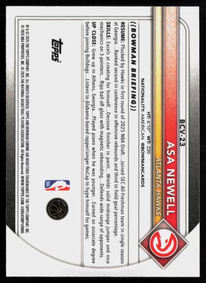 2025 2025-26 Bowman Asa Newell Basketball card — Back thumbnail