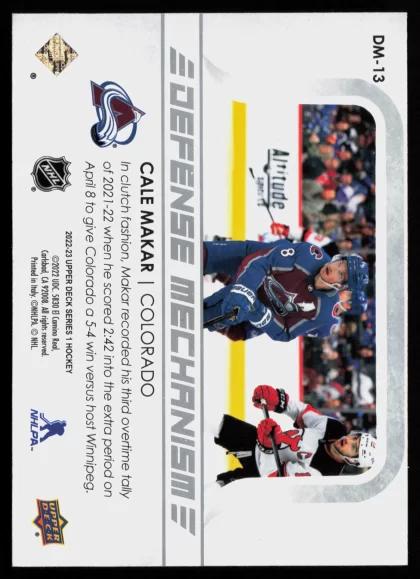 2022 2022-23 Upper Deck Cale Makar Hockey card — Back thumbnail