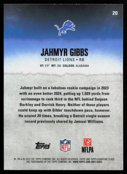 2025 2025 Topps Signature Class Jahmyr Gibbs Football card — Back thumbnail