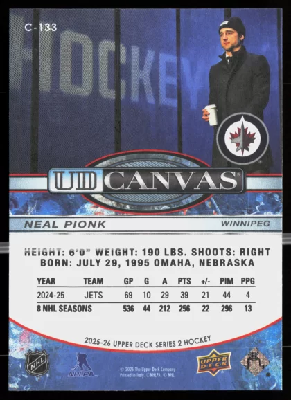 2025 2025-26 Upper Deck Neal Pionk Hockey card — Back thumbnail