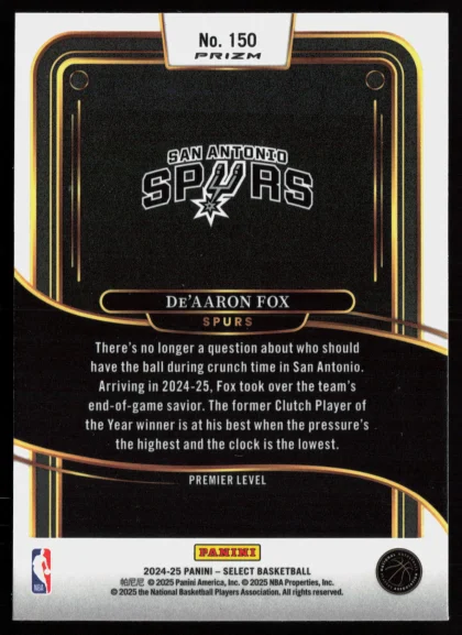 2024 2024-25 Panini Select De'Aaron Fox Basketball card — Back thumbnail