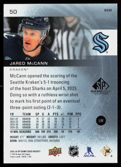 2025 2025-26 SP Game Used Jared McCann Hockey card — Back thumbnail