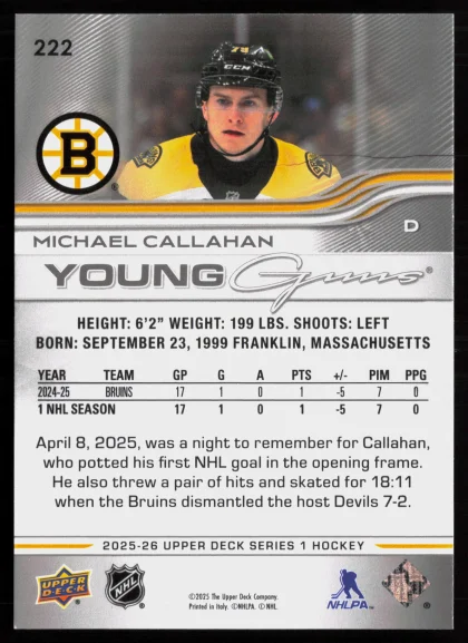 2025 2025-26 Upper Deck Michael Callahan Hockey card — Back thumbnail