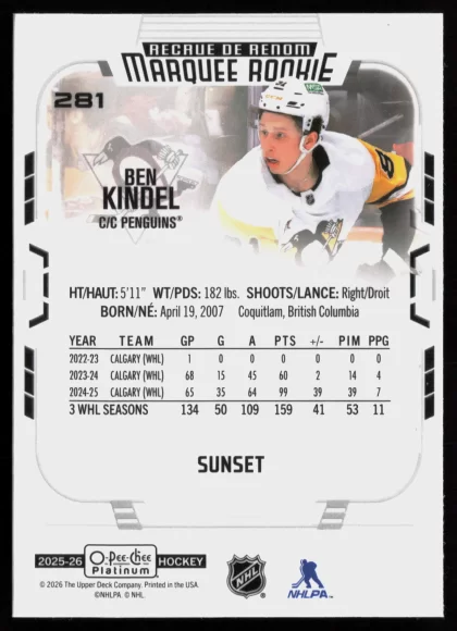 2025 2025-26 O-Pee-Chee Platinum Ben Kindel Hockey card — Back thumbnail