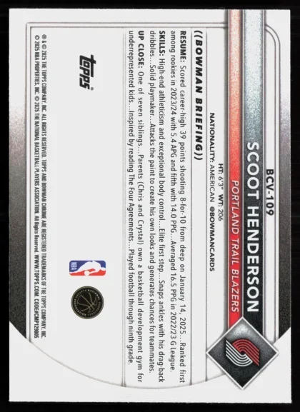 2025 2025-26 Bowman Scoot Henderson Basketball card — Back thumbnail
