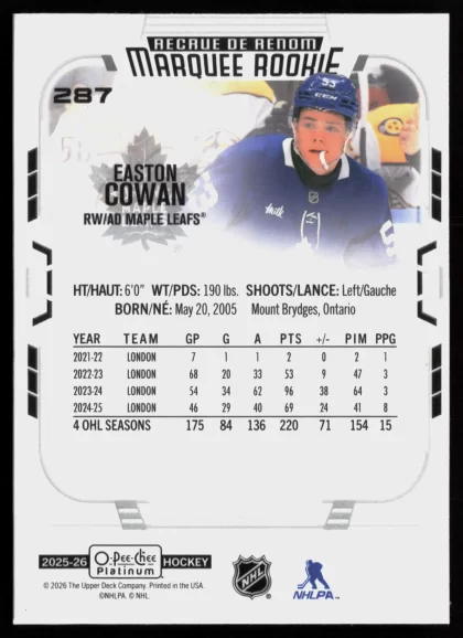 2025 2025-26 O-Pee-Chee Platinum Easton Cowan Hockey card — Back thumbnail