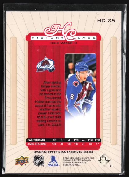 2022 2022-23 Upper Deck Cale Makar Hockey card — Back thumbnail