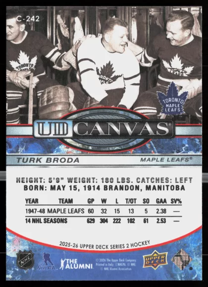 2025 2025-26 Upper Deck Turk Broda Hockey card — Back thumbnail