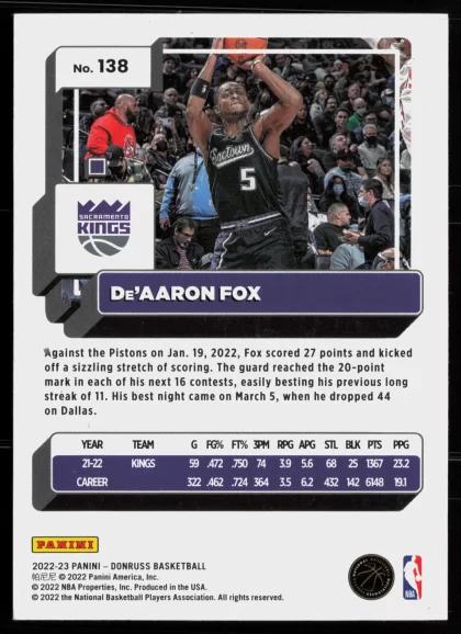 2022 2022-23 Donruss De'Aaron Fox Basketball card — Back thumbnail