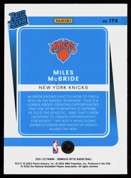 2021 2021-22 Donruss Optic Miles McBride Basketball card — Back thumbnail