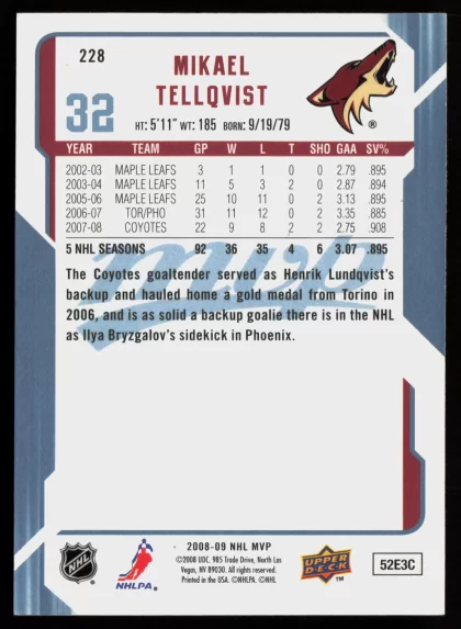 2008 2008-09 Upper Deck MVP Mikael Tellqvist Hockey card — Back thumbnail