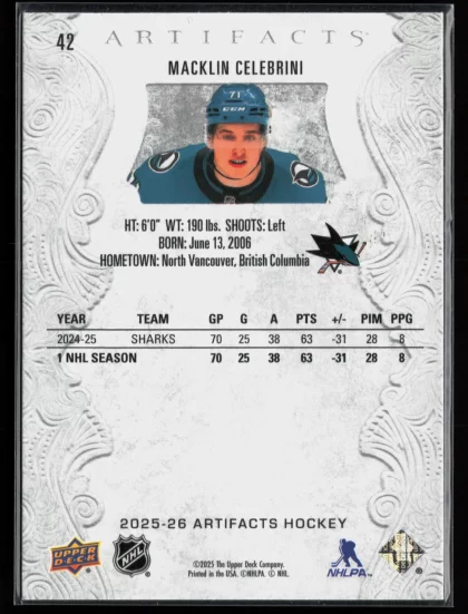 2025 2025-26 Upper Deck Artifacts Macklin Celebrini Hockey card — Back thumbnail