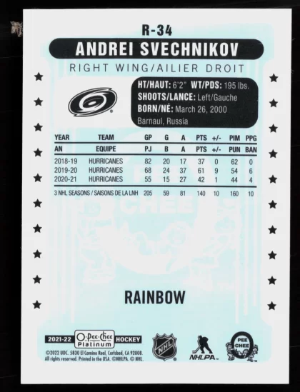 2021 2021-22 O-Pee-Chee Platinum Andrei Svechnikov Hockey card — Back thumbnail