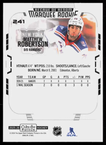 2025 2025-26 O-Pee-Chee Platinum Matthew Robertson Hockey card — Back thumbnail