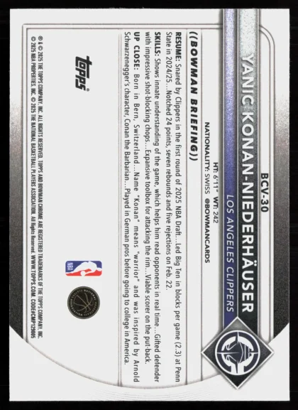 2025 2025-26 Bowman Yanic Konan Niederhäuser Basketball card — Back thumbnail