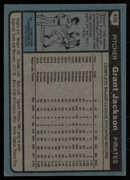 1980 1980 Topps Grant Jackson Baseball card — Back thumbnail