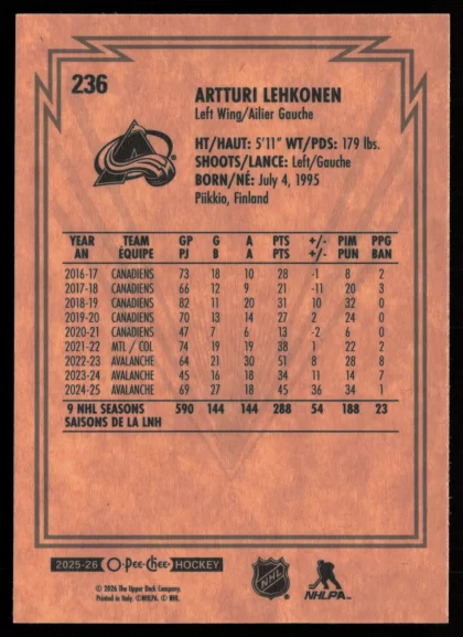 2025 2025-26 O-Pee-Chee Artturi Lehkonen Hockey card — Back thumbnail