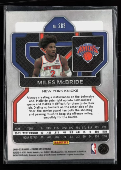 2021 2021-22 Panini Prizm Miles McBride Basketball card — Back thumbnail