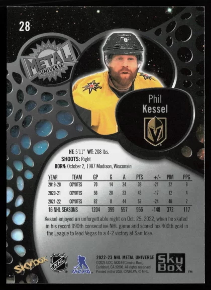 2022 2022-23 SkyBox Metal Universe Phil Kessel Hockey card — Back thumbnail