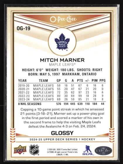 2024 2024-25 Upper Deck Mitch Marner Hockey card — Back thumbnail
