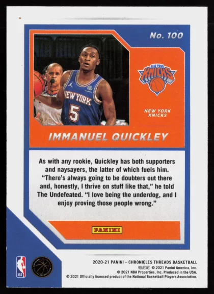 2020 2020-21 Panini Chronicles Immanuel Quickley Basketball card — Back thumbnail