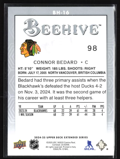 2024 2024-25 Upper Deck Connor Bedard Hockey card — Back thumbnail