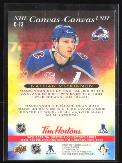 2021 2021-22 Upper Deck Tim Hortons Nathan MacKinnon Hockey card — Back thumbnail