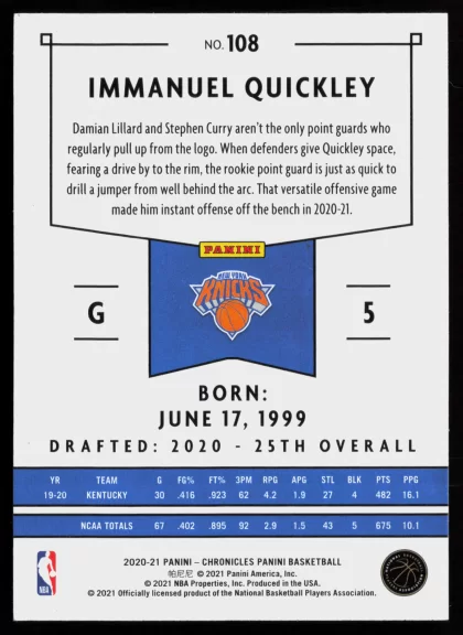 2020 2020-21 Panini Chronicles Immanuel Quickley Basketball card — Back thumbnail