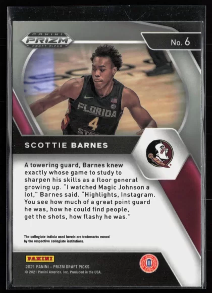 2021 2021 Panini Prizm Draft Picks Scottie Barnes Basketball card — Back thumbnail