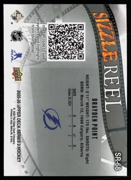 2025 2025-26 Upper Deck Brayden Point Hockey card — Back thumbnail