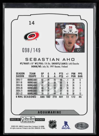 2022 2022-23 O-Pee-Chee Platinum Sebastian Aho Hockey card — Back thumbnail