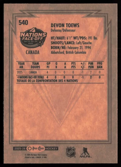 2025 2025-26 O-Pee-Chee Devon Toews Hockey card — Back thumbnail