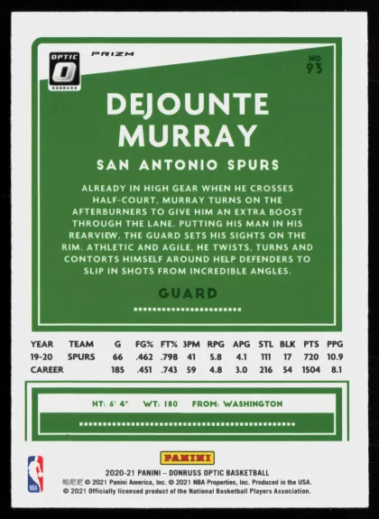 2020 2020-21 Donruss Optic Dejounte Murray Basketball card — Back thumbnail