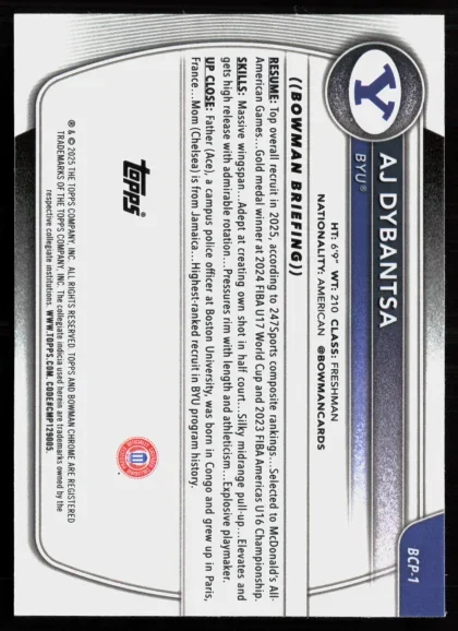 2025 2025-26 Bowman AJ Dybantsa Basketball card — Back thumbnail