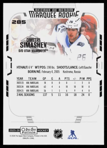 2025 2025-26 O-Pee-Chee Platinum Dmitri Simashev Hockey card — Back thumbnail