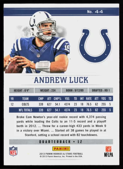 2013 2013 Panini Rookies & Stars Andrew Luck Football card — Back thumbnail